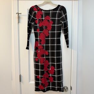 Vince Camuto Black Plaid Long Sleeve Dress with Red Floral Applique